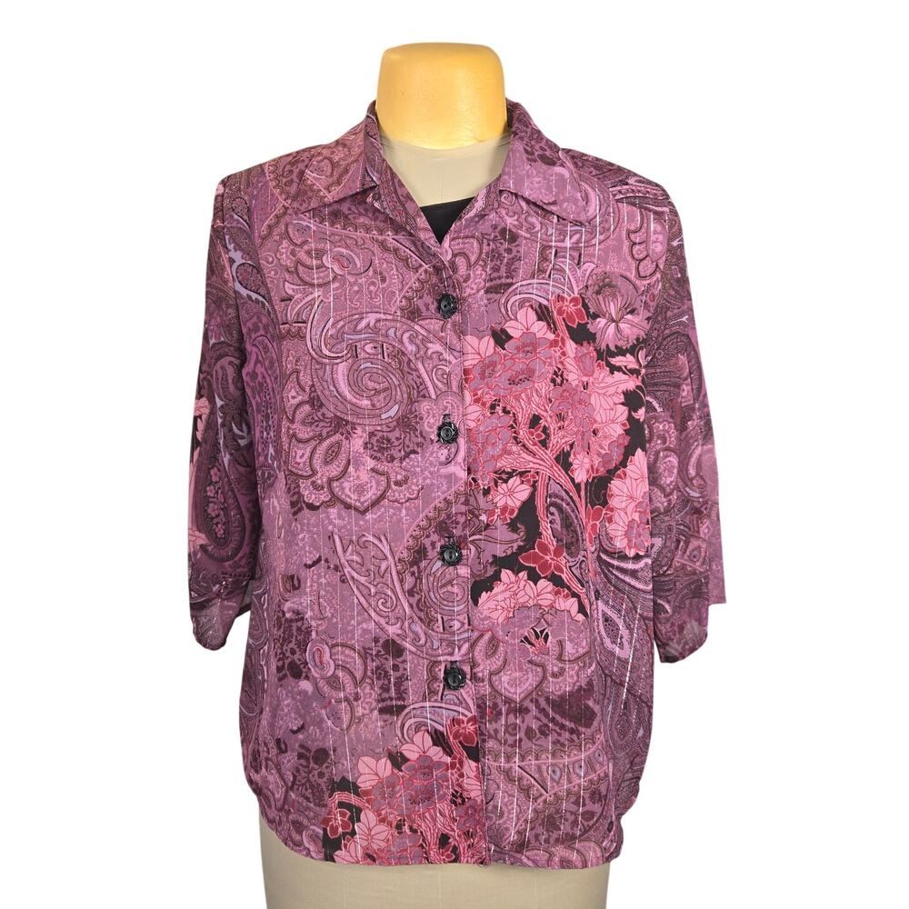 Vintage Gloria Lance Woman 1X Top‎ Button Up Layered Purple Floral Paisley Artsy